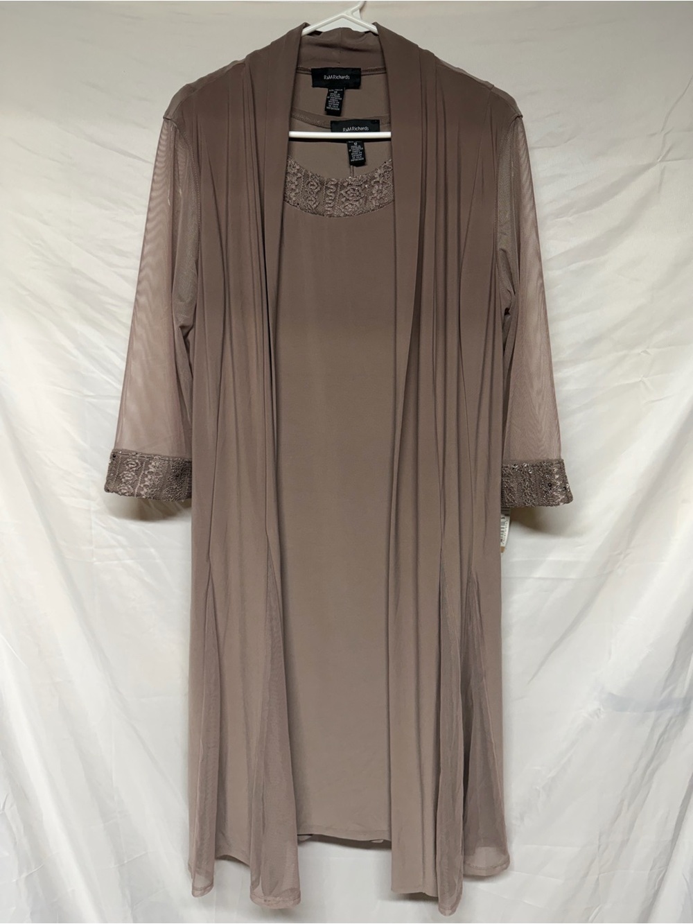 R&M Richards 2 Piece Dress Jacket Set Size 12 Taupe Lace Sequin Formal NWT
